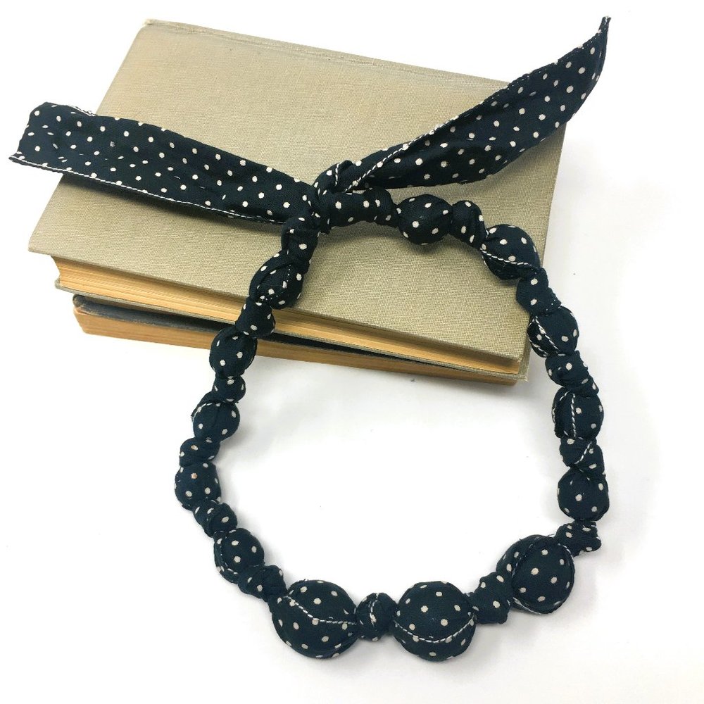 Upcycled Shabby Chic Navy White Polka Dot Fabric Covered Bauble Choker Necklace